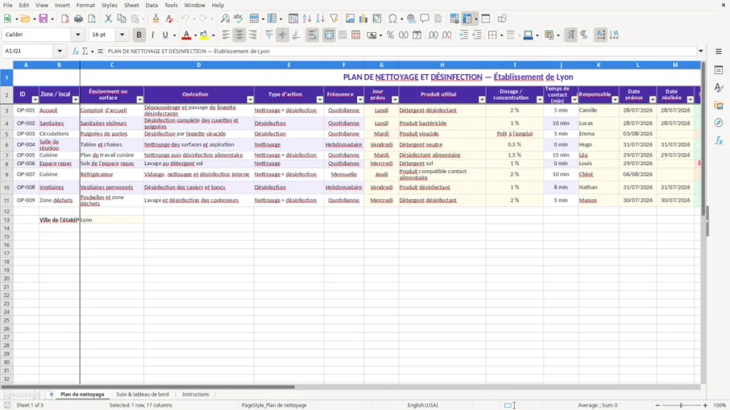 Plan de nettoyage – Plan de nettoyage et désinfection Excel