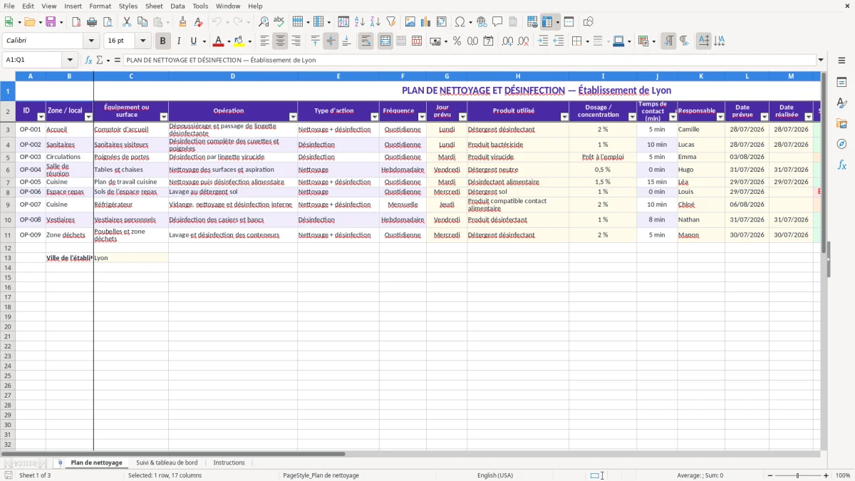 Capture 1 : feuille Plan de nettoyage - Modèle Excel plan de nettoyage et desinfection excel