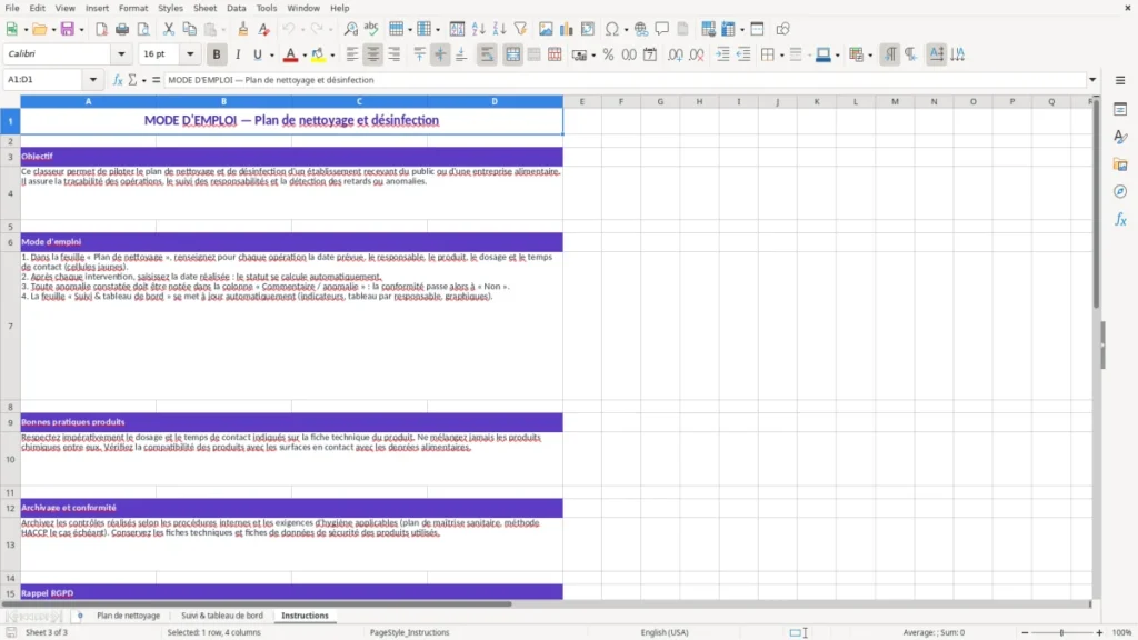 Instructions – Plan de nettoyage et désinfection Excel
