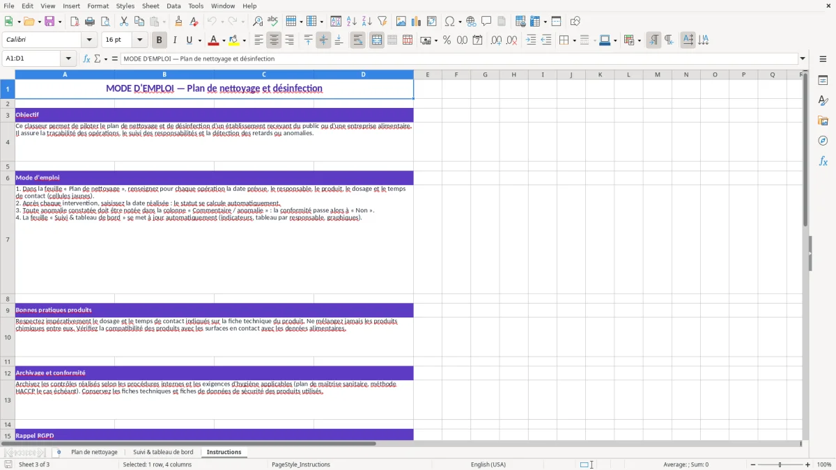 Capture 3 : feuille Instructions - Modèle Excel plan de nettoyage et desinfection excel