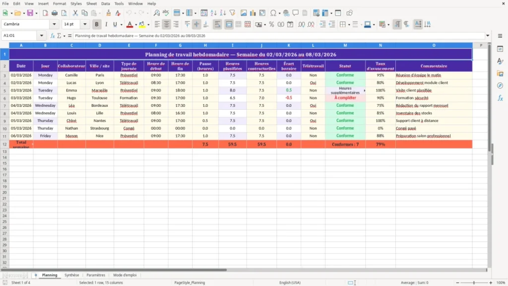Planning – Planning de travail hebdomadaire Excel