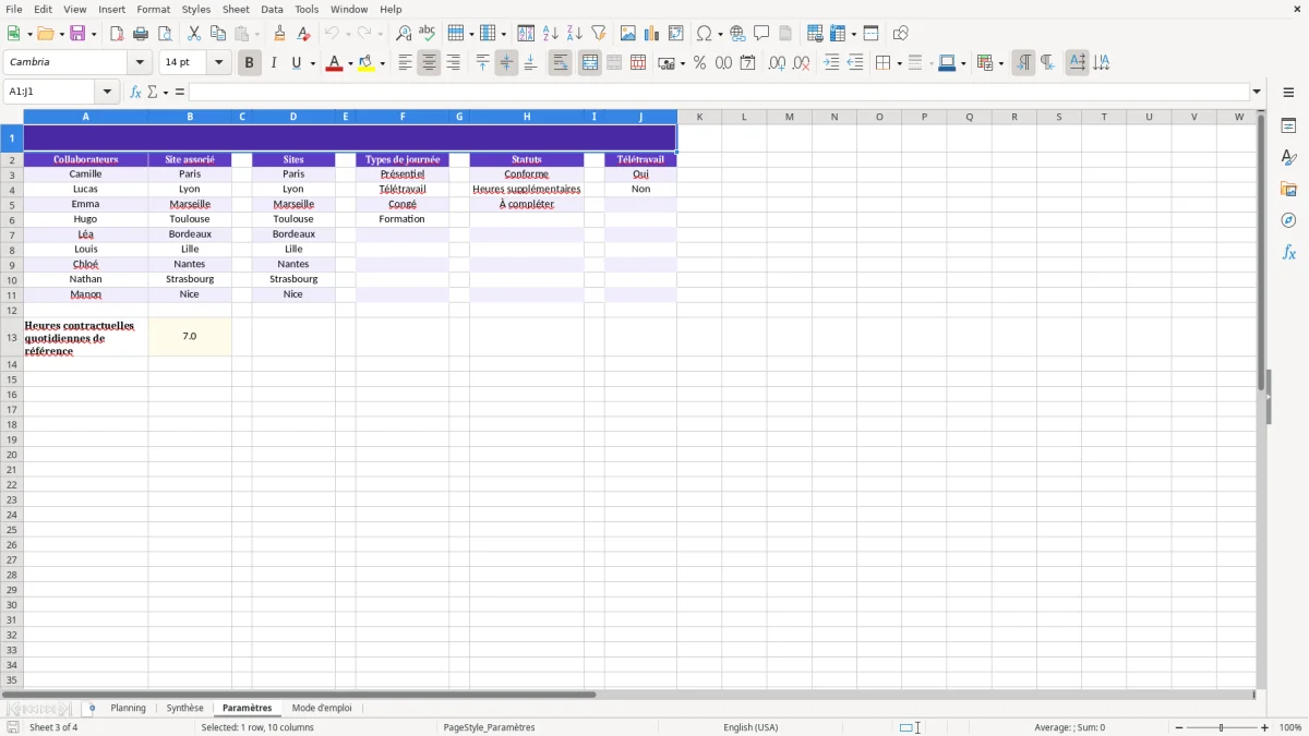 Capture 3 : feuille Paramètres - Modèle Excel planning de travail hebdomadaire excel