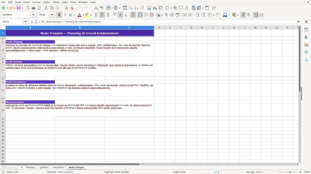 Mode d'emploi – Planning de travail hebdomadaire Excel