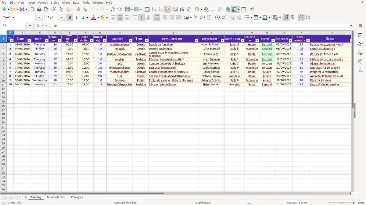 Capture 1 : feuille Planning - Modèle Excel planning scolaire excel