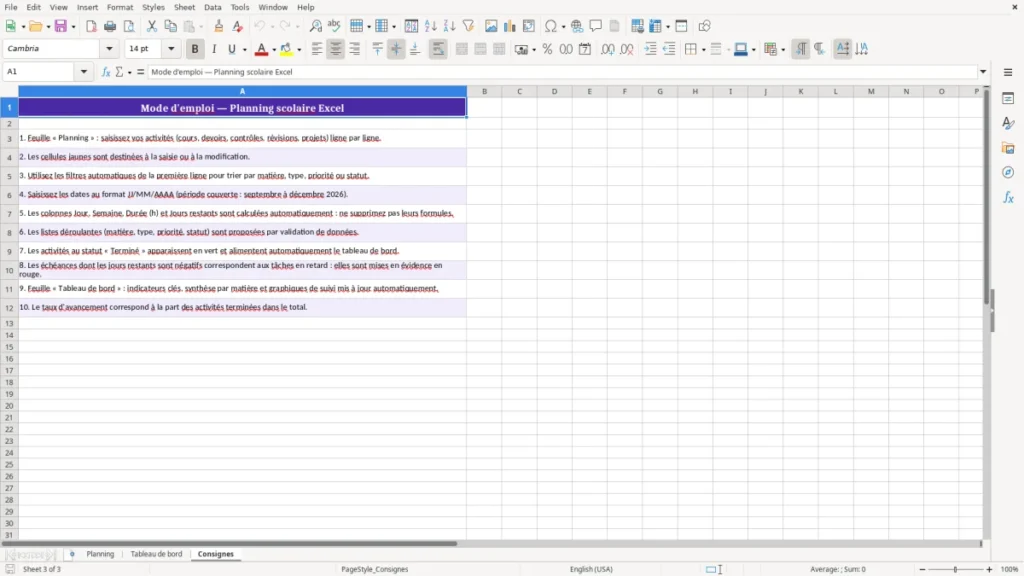 Consignes – Planning scolaire Excel à télécharger
