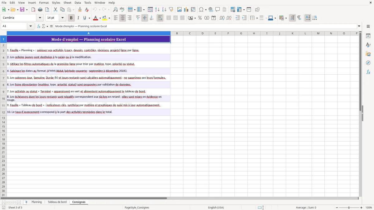 Capture 3 : feuille Consignes - Modèle Excel planning scolaire excel