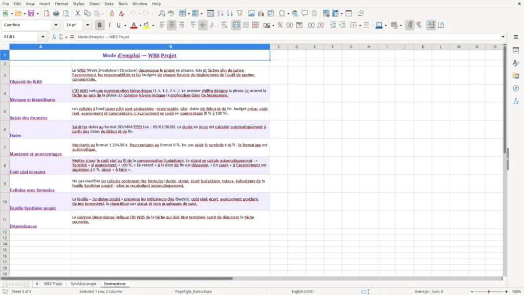 Instructions – Modèle WBS projet Excel à télécharger