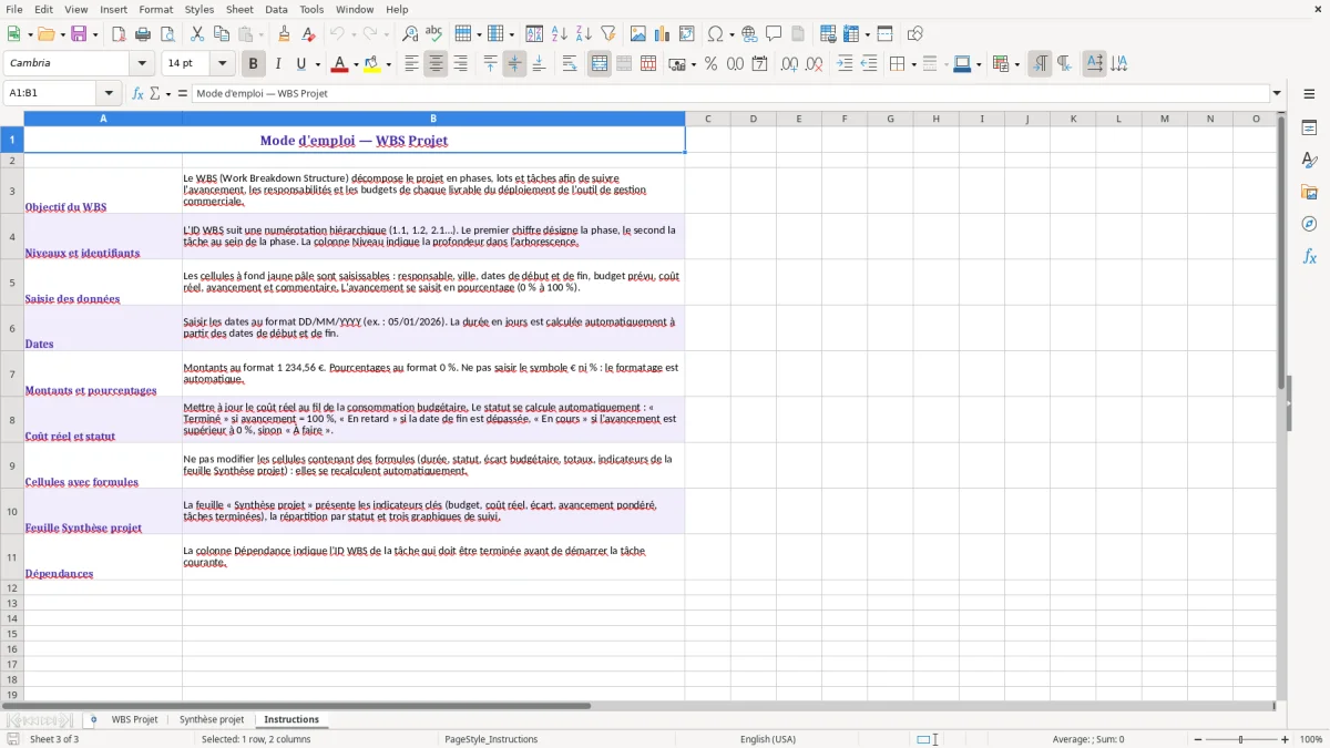 Capture 3 : feuille Instructions - Modèle Excel wbs projet excel