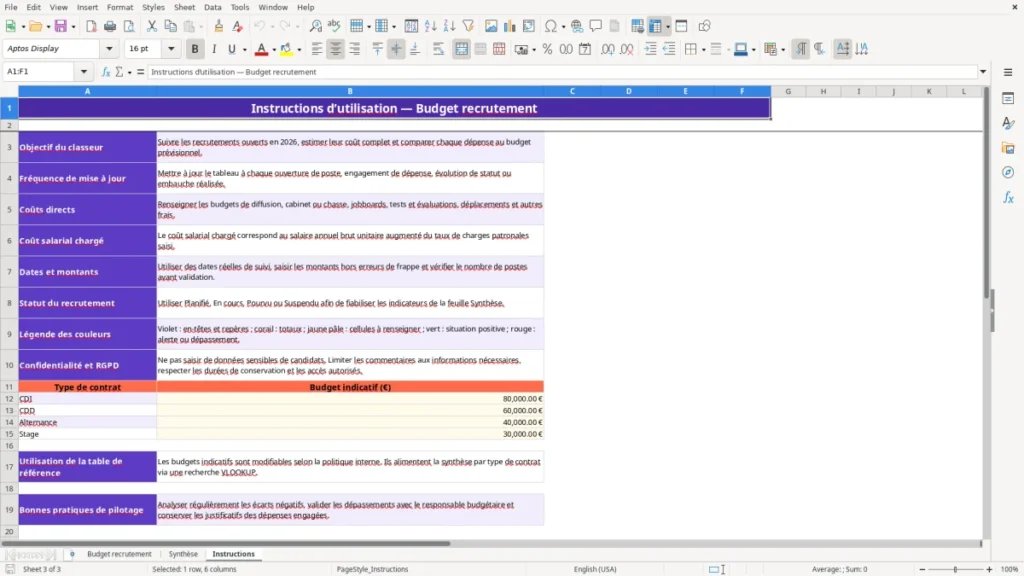 Instructions – Budget recrutement Excel – Modèle Gratuit (2026)
