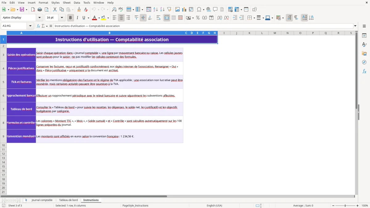 Capture 3 : feuille Instructions - Modèle Excel comptabilite association excel