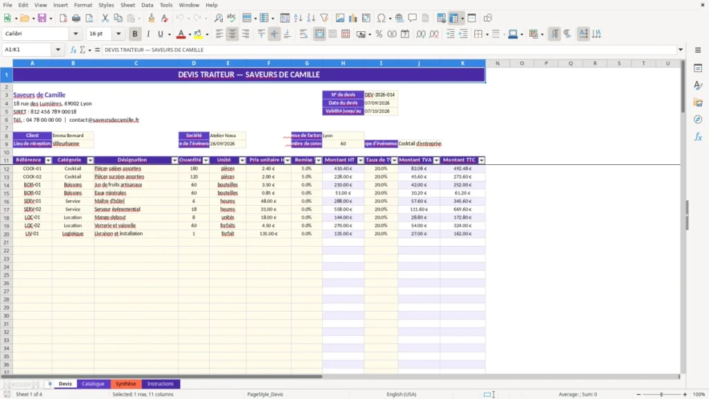 Devis – Devis traiteur Excel – Modèle Gratuit (2026)