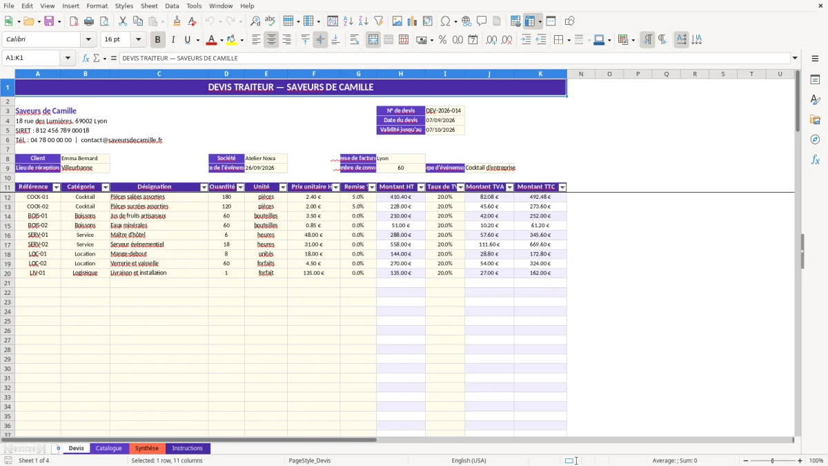 Capture 1 : feuille Devis - Modèle Excel exemple devis traiteur excel