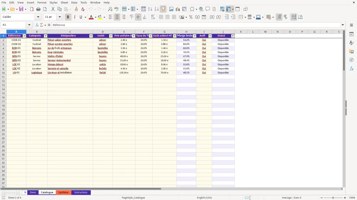 Capture 2 : feuille Catalogue - Modèle Excel exemple devis traiteur excel