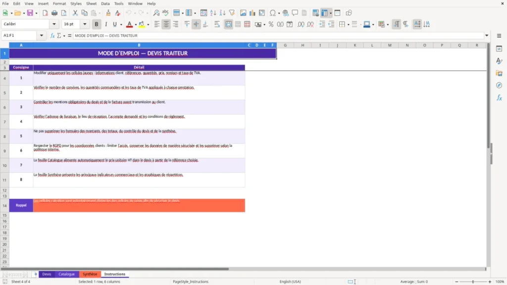 Instructions – Devis traiteur Excel – Modèle Gratuit (2026)