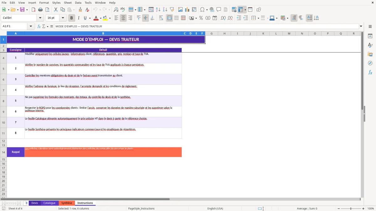 Capture 4 : feuille Instructions - Modèle Excel exemple devis traiteur excel