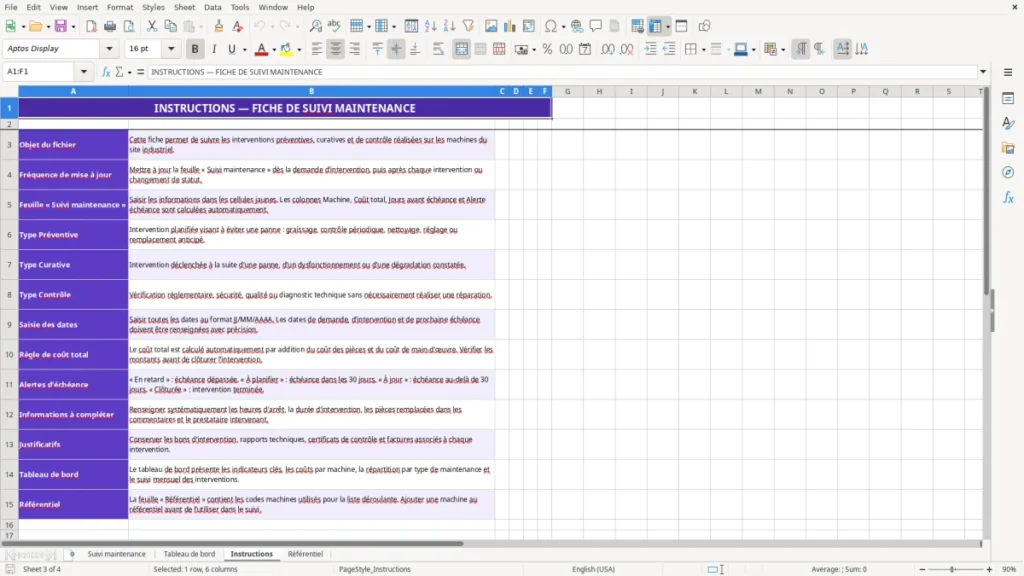 Instructions – Maintenance machine Excel – Modèle Gratuit (2026)