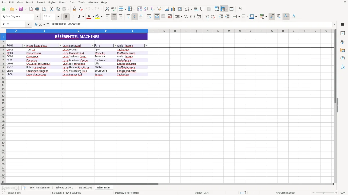 Capture 4 : feuille Référentiel - Modèle Excel fiche suivi maintenance machine excel