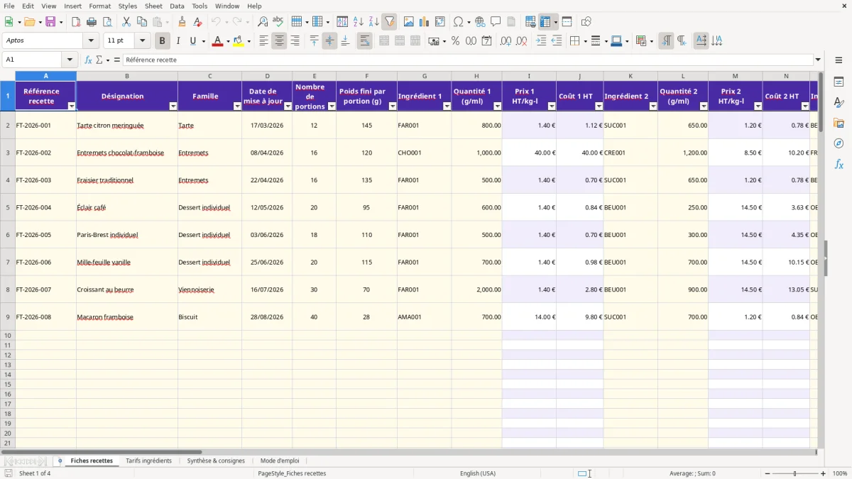 Capture 1 : feuille Fiches recettes - Modèle Excel fiche technique patisserie excel