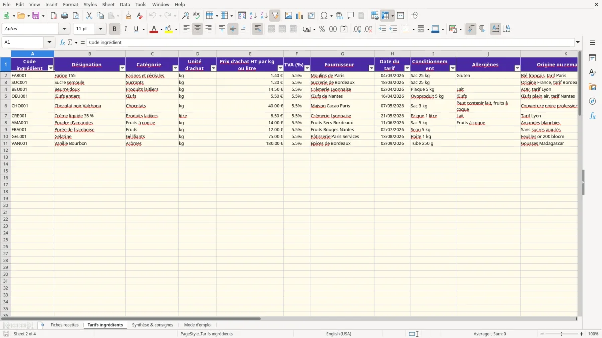 Capture 2 : feuille Tarifs ingrédients - Modèle Excel fiche technique patisserie excel