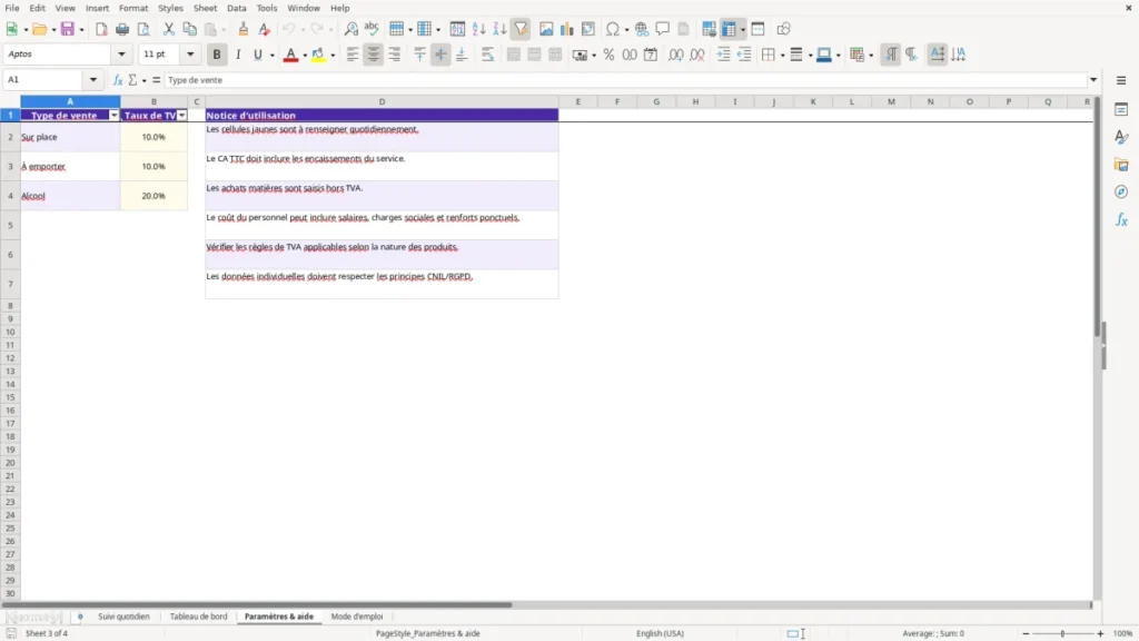 Paramètres & aide – Gestion restaurant Excel – Modèle Gratuit (2026)