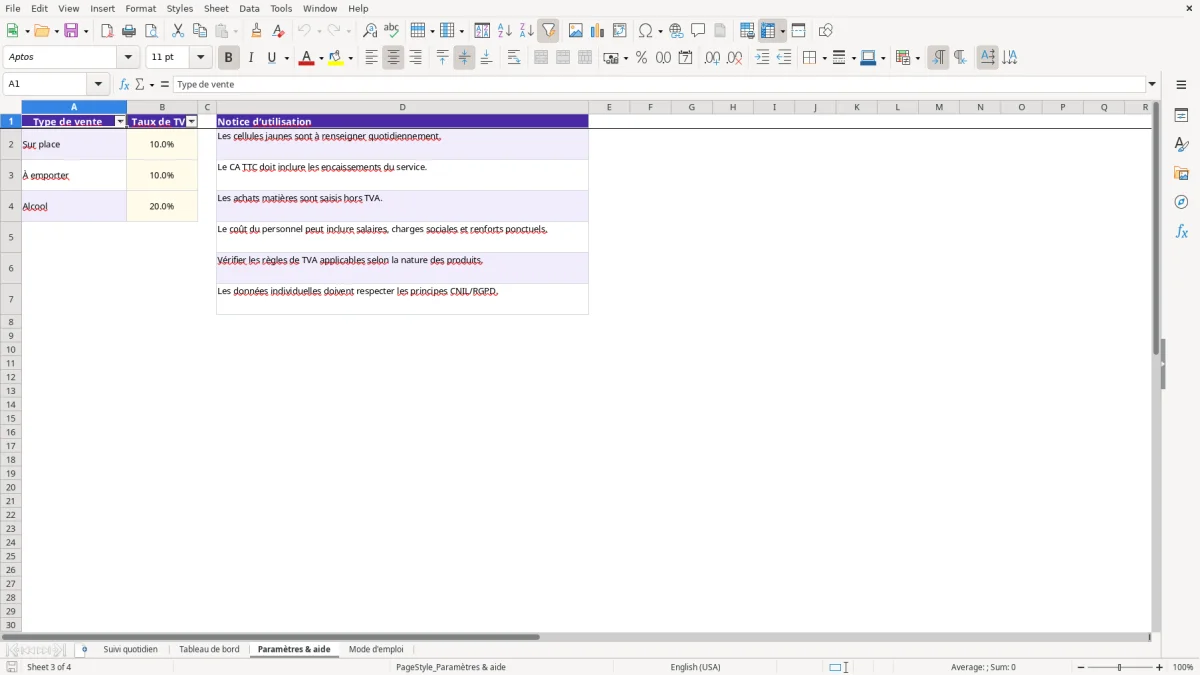 Capture 3 : feuille Paramètres & aide - Modèle Excel gestion restaurant excel