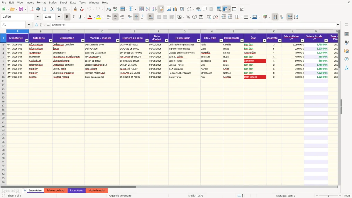 Capture 1 : feuille Inventaire - Modèle Excel modele fiche inventaire materiel excel