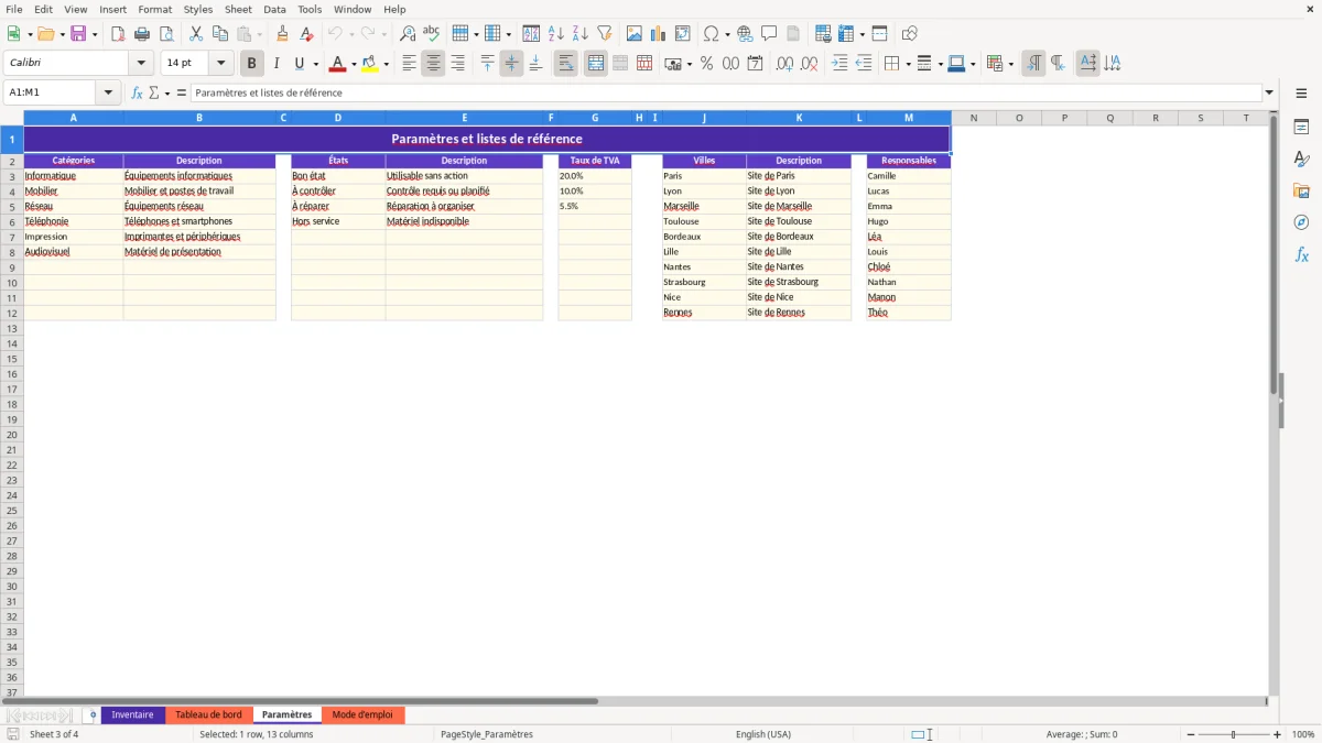 Capture 3 : feuille Paramètres - Modèle Excel modele fiche inventaire materiel excel