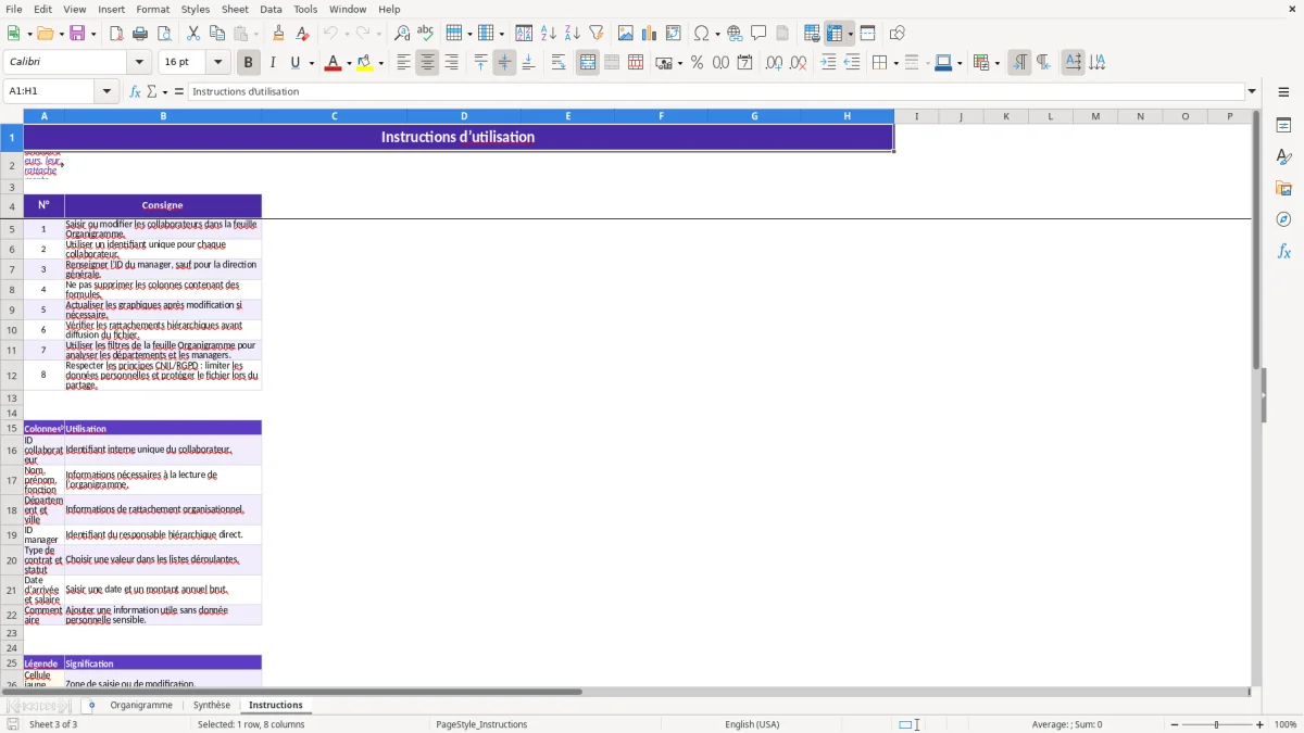 Capture 3 : feuille Instructions - Modèle Excel modele organigramme excel