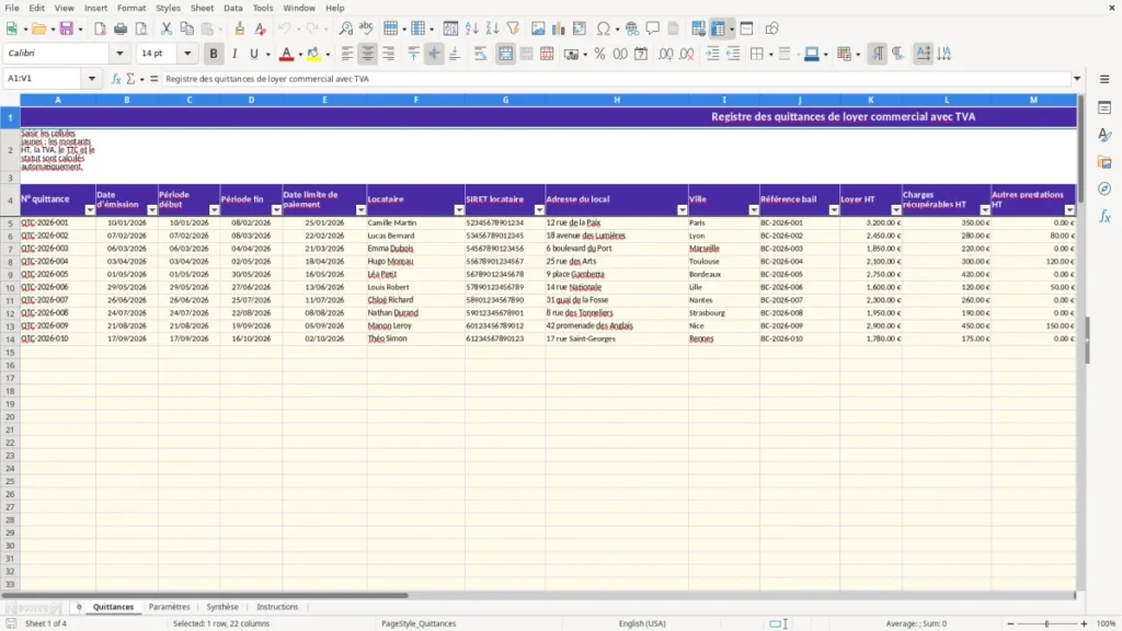 Quittances – Quittance loyer commercial Excel – Modèle Gratuit (2026)