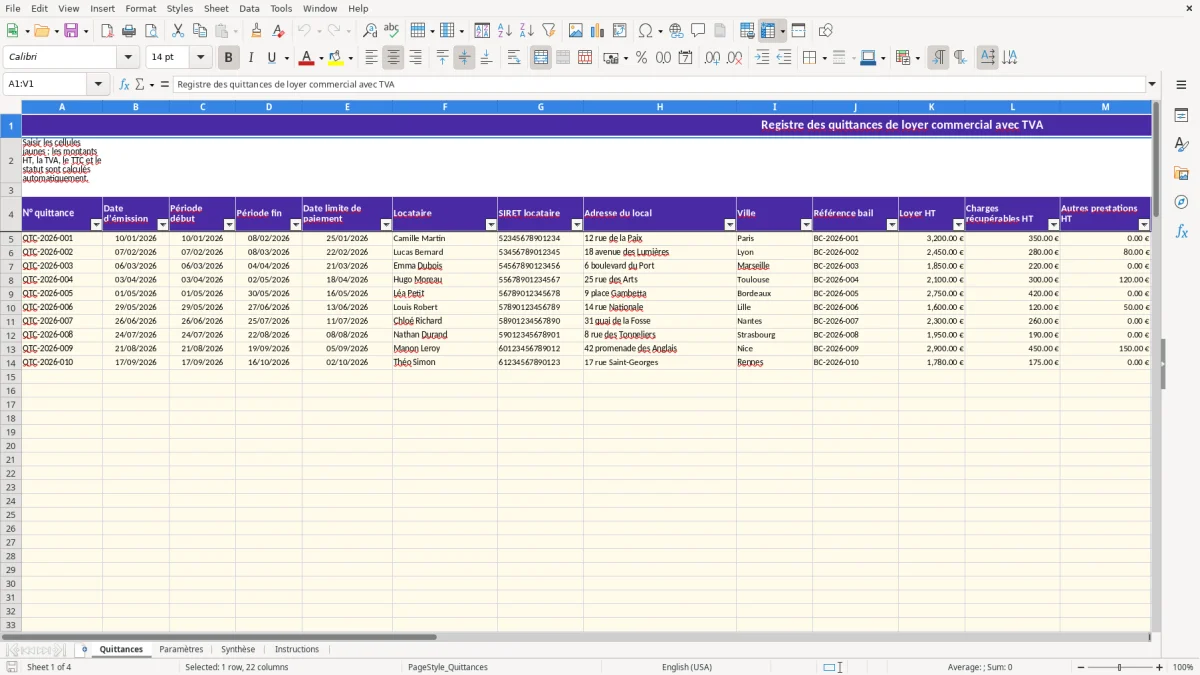 Capture 1 : feuille Quittances - Modèle Excel modele quittance de loyer commercial avec tva excel