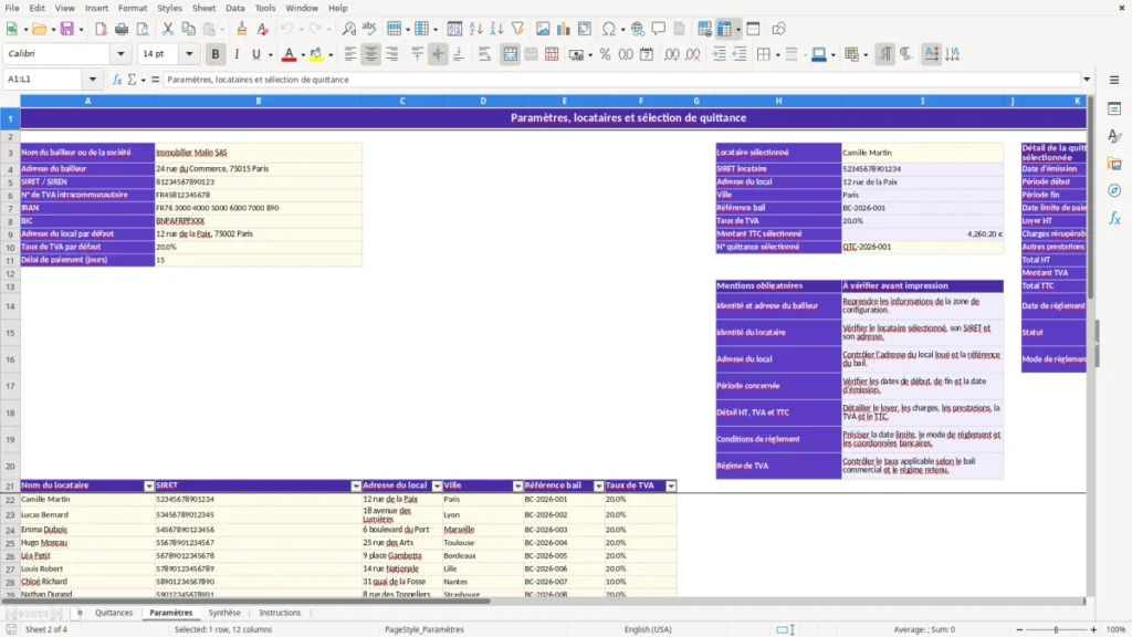 Paramètres – Quittance loyer commercial Excel – Modèle Gratuit (2026)