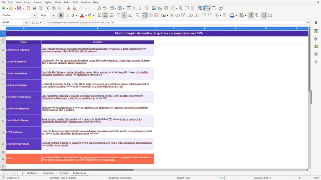 Instructions – Quittance loyer commercial Excel – Modèle Gratuit (2026)