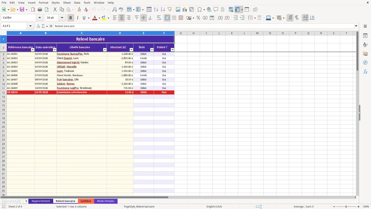 Capture 2 : feuille Relevé bancaire - Modèle Excel modele rapprochement bancaire excel