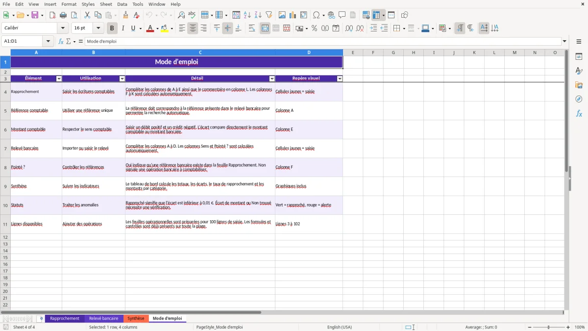 Capture 4 : feuille Mode d'emploi - Modèle Excel modele rapprochement bancaire excel