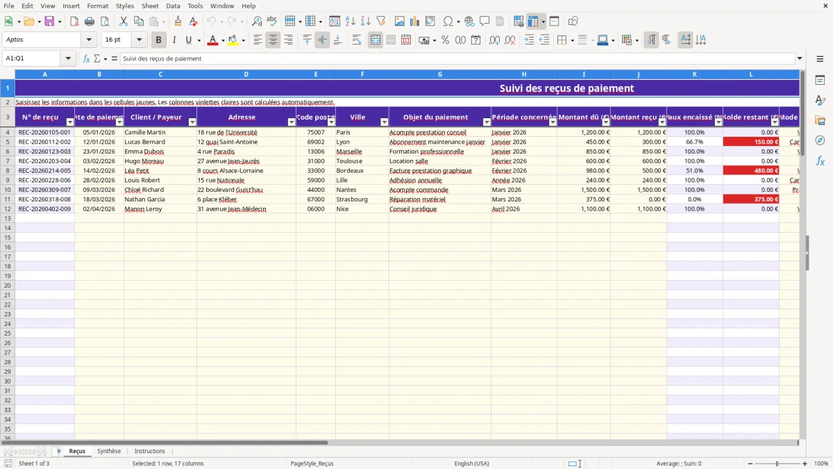 Capture 1 : feuille Reçus - Modèle Excel modele recu de paiement excel