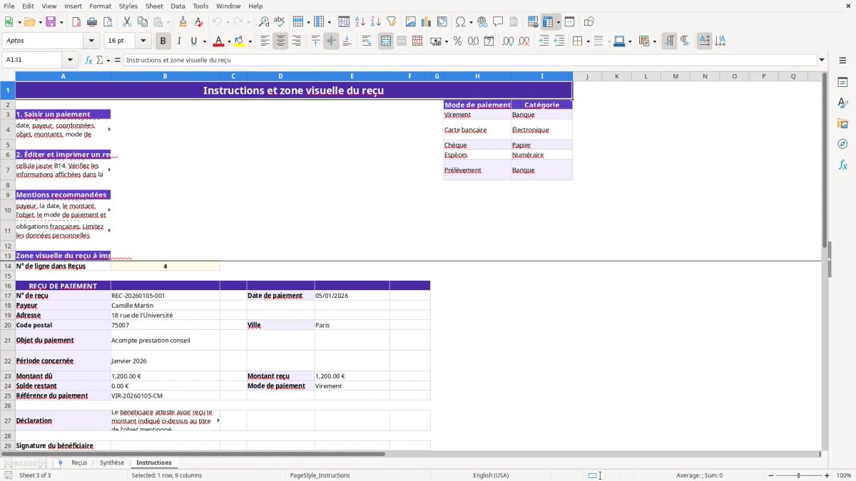 Capture 3 : feuille Instructions - Modèle Excel modele recu de paiement excel