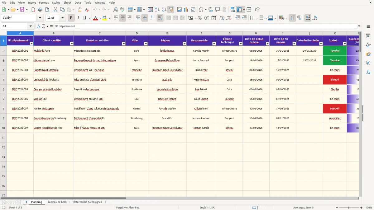 Capture 1 : feuille Planning - Modèle Excel planning de deploiement excel