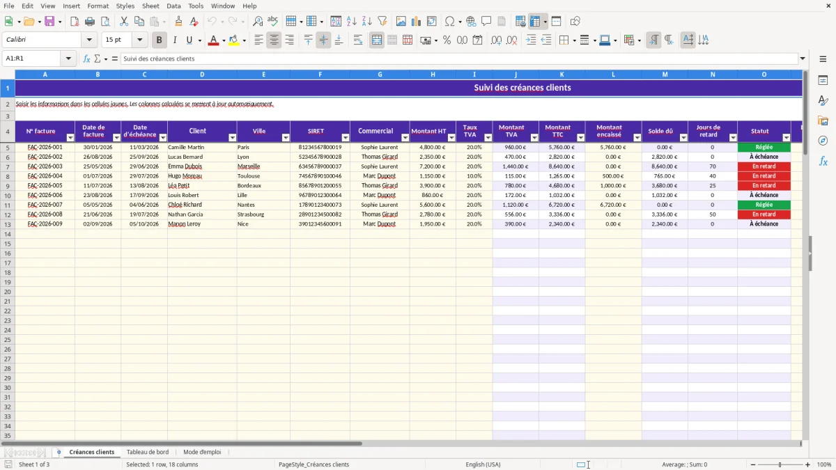 Capture 1 : feuille Créances clients - Modèle Excel suivi des creances clients excel