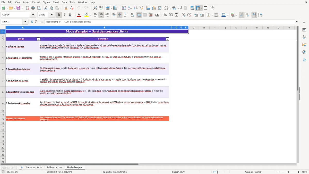 Capture 3 : feuille Mode d’emploi - Modèle Excel suivi des creances clients excel