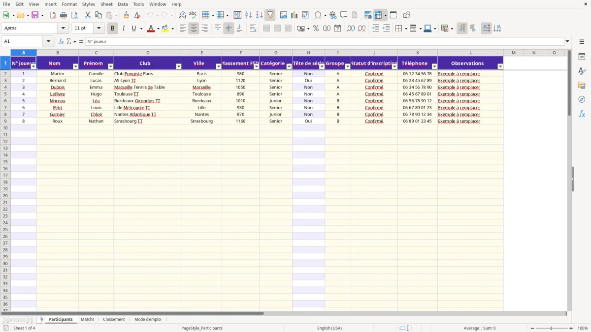 Capture 1 : feuille Participants - Modèle Excel tableau tournoi tennis de table vierge excel
