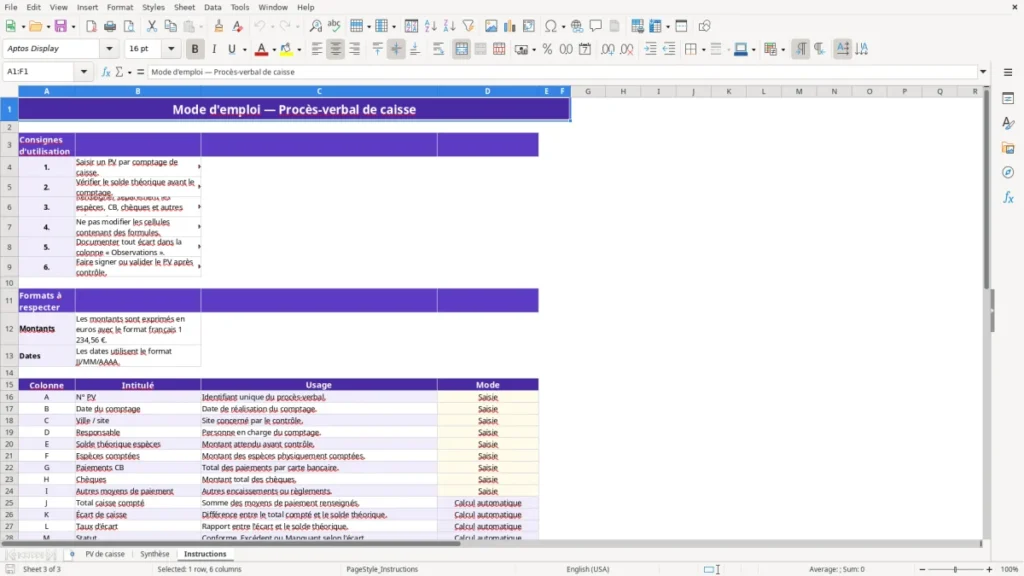Instructions – PV de caisse Excel – Modèle Gratuit (2026)