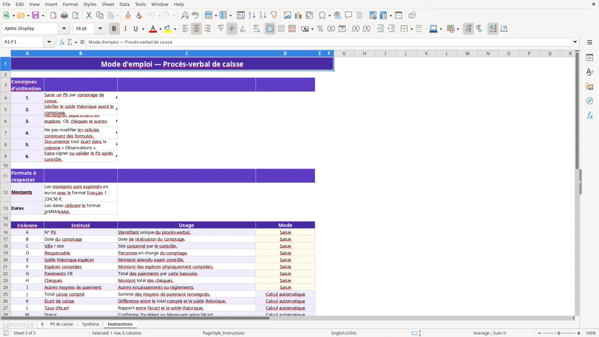 Capture 3 : feuille Instructions - Modèle Excel modele pv de caisse excel