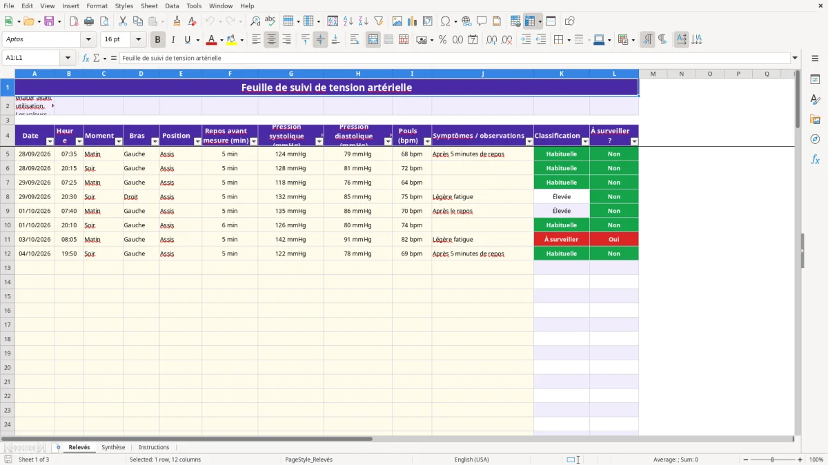 Capture 1 : feuille Relevés - Modèle Excel tableau excel vierge feuille de tension arterielle a imprimer
