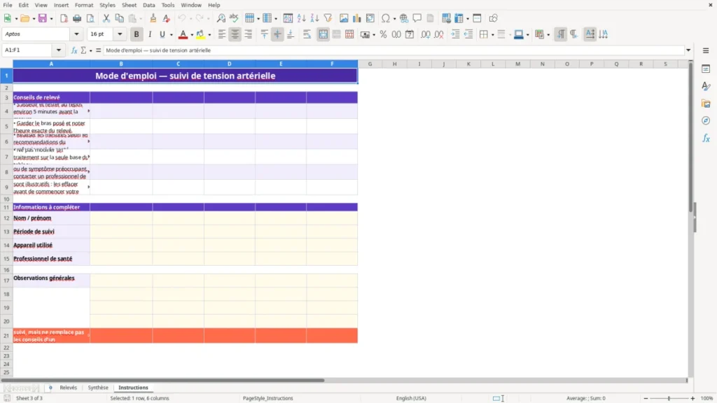 Instructions – Tableau tension artérielle Excel – Modèle gratuit (2026)