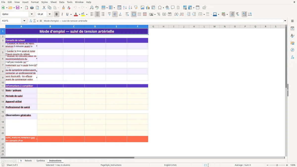 Capture 3 : feuille Instructions - Modèle Excel tableau excel vierge feuille de tension arterielle a imprimer